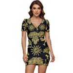 Maya Style Gold Linear Totem Icons Low Cut Cap Sleeve Mini Dress