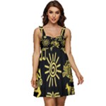 Maya Style Gold Linear Totem Icons Ruffle Strap Babydoll Chiffon Dress