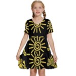 Maya Style Gold Linear Totem Icons Kids  Short Sleeve Tiered Mini Dress