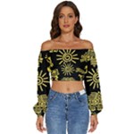 Maya Style Gold Linear Totem Icons Long Sleeve Crinkled Weave Crop Top
