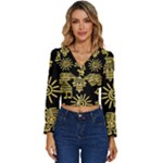 Maya Style Gold Linear Totem Icons Long Sleeve V-Neck Top