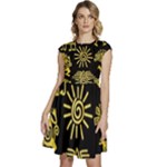 Maya Style Gold Linear Totem Icons Cap Sleeve High Waist Dress