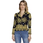 Maya Style Gold Linear Totem Icons Women s Long Sleeve Revers Collar Cropped Jacket