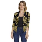 Maya Style Gold Linear Totem Icons Women s Draped Front 3/4 Sleeve Shawl Collar Jacket