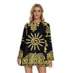 Maya Style Gold Linear Totem Icons Round Neck Long Sleeve Bohemian Style Chiffon Mini Dress