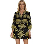Maya Style Gold Linear Totem Icons V-Neck Placket Mini Dress