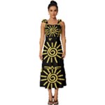Maya Style Gold Linear Totem Icons Tie-Strap Tiered Midi Chiffon Dress