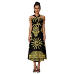 Maya Style Gold Linear Totem Icons Sleeveless Cross Front Cocktail Midi Chiffon Dress