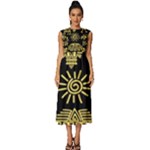 Maya Style Gold Linear Totem Icons Sleeveless Round Neck Midi Dress