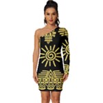 Maya Style Gold Linear Totem Icons Long Sleeve One Shoulder Mini Dress
