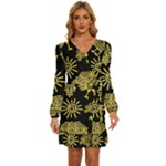 Maya Style Gold Linear Totem Icons Long Sleeve Waist Tie Ruffle Velvet Dress