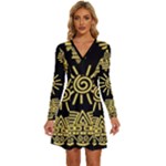 Maya Style Gold Linear Totem Icons Long Sleeve Deep V Mini Dress 