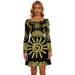 Maya Style Gold Linear Totem Icons Long Sleeve Wide Neck Velvet Dress