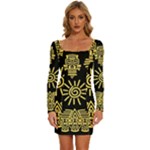 Maya Style Gold Linear Totem Icons Long Sleeve Square Neck Bodycon Velvet Dress