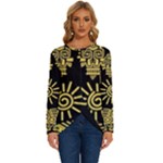 Maya Style Gold Linear Totem Icons Long Sleeve Crew Neck Pullover Top