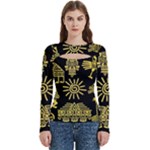 Maya Style Gold Linear Totem Icons Women s Cut Out Long Sleeve T-Shirt