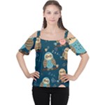 Seamless Pattern Owls Dreaming Cutout Shoulder T-Shirt