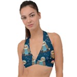 Seamless Pattern Owls Dreaming Halter Plunge Bikini Top