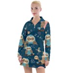 Seamless Pattern Owls Dreaming Women s Long Sleeve Casual Dress