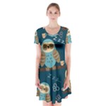 Seamless Pattern Owls Dreaming Short Sleeve V-neck Flare Dress