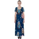 Seamless Pattern Owls Dreaming High Waist Short Sleeve Maxi Dress