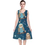 Seamless Pattern Owls Dreaming V-Neck Midi Sleeveless Dress 