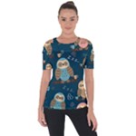 Seamless Pattern Owls Dreaming Shoulder Cut Out Short Sleeve Top