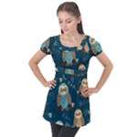 Seamless Pattern Owls Dreaming Puff Sleeve Tunic Top