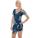 Seamless Pattern Owls Dreaming Short Sleeve Asymmetric Mini Dress