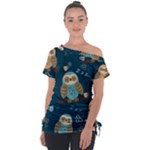 Seamless Pattern Owls Dreaming Off Shoulder Tie-Up T-Shirt
