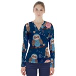 Seamless Pattern Owls Dreaming V-Neck Long Sleeve Top