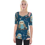 Seamless Pattern Owls Dreaming Wide Neckline T-Shirt