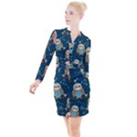 Seamless Pattern Owls Dreaming Button Long Sleeve Dress