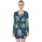 Seamless Pattern Owls Dreaming V-neck Bodycon Long Sleeve Dress