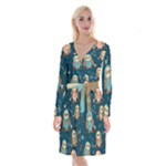 Seamless Pattern Owls Dreaming Long Sleeve Velvet Front Wrap Dress