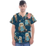 Seamless Pattern Owls Dreaming Men s V-Neck Scrub Top