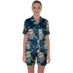 Seamless Pattern Owls Dreaming Satin Short Sleeve Pajamas Set
