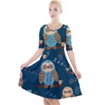 Seamless Pattern Owls Dreaming Quarter Sleeve A-Line Dress