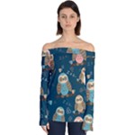 Seamless Pattern Owls Dreaming Off Shoulder Long Sleeve Top