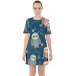 Seamless Pattern Owls Dreaming Sixties Short Sleeve Mini Dress
