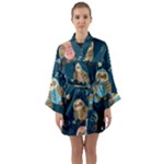 Seamless Pattern Owls Dreaming Long Sleeve Satin Kimono