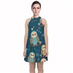 Seamless Pattern Owls Dreaming Velvet Halter Neckline Dress 