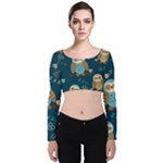 Seamless Pattern Owls Dreaming Velvet Long Sleeve Crop Top