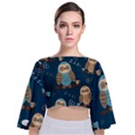 Seamless Pattern Owls Dreaming Tie Back Butterfly Sleeve Chiffon Top