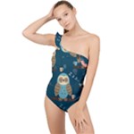 Seamless Pattern Owls Dreaming Frilly One Shoulder Swimsuit