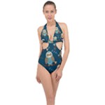 Seamless Pattern Owls Dreaming Halter Front Plunge Swimsuit