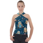 Seamless Pattern Owls Dreaming Cross Neck Velour Top