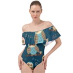 Seamless Pattern Owls Dreaming Off Shoulder Velour Bodysuit 