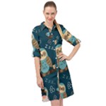 Seamless Pattern Owls Dreaming Long Sleeve Mini Shirt Dress