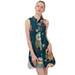 Seamless Pattern Owls Dreaming Sleeveless Shirt Dress